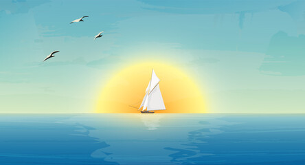  Sailing ship and seagulls in the morning sun on a calm sea. Vector background.
