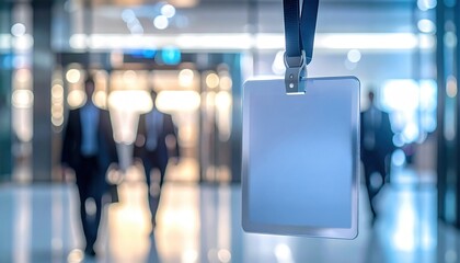 Blank conference badge hanging on lanyard in modern business center with blurred people in suits walking through bright corporate environment symbolizing networking and identification