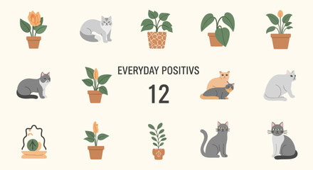 Whimsical illustration featuring twelve delightful cats and potted plants in a charming pattern