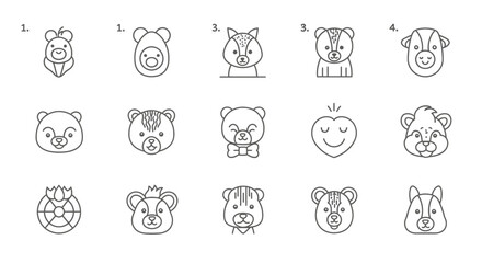 Collection of assorted line drawing icons featuring stylized bear faces and animal heads