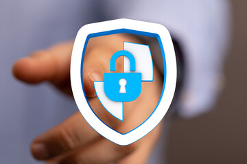 Protection, security, safety and privacy concept. Symbol of data protection with shield, hand...
