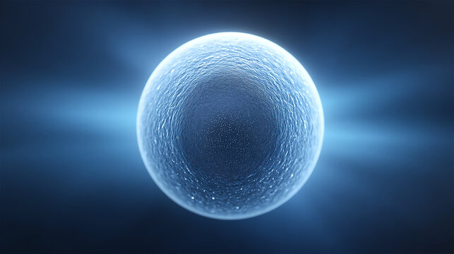 Abstract 3D sphere floating in blue light with glowing energy effect, concept of science, technology and innovation background.