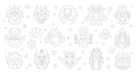 Outline illustrations of mythical creatures and celestial bodies, suitable for fantasy coloring
