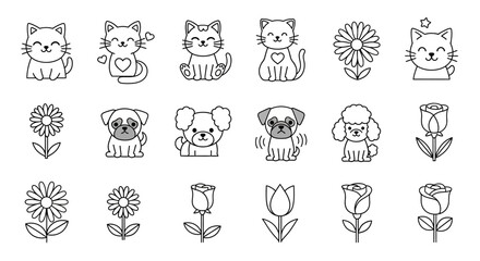 Collection of cute cartoon animals and flowers in minimal line art style for children's illustration