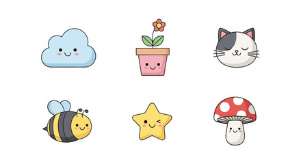 Charming illustration showcasing a series of adorable cartoon characters on a plain background