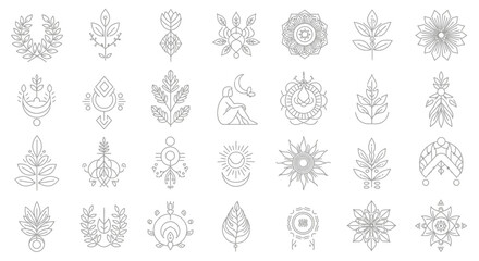 Collection of esoteric line art icons and symbols displaying nature and celestial themes
