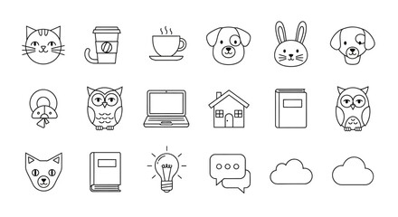 Assortment of Outline Icons Featuring Animals, Objects, and Symbols on White Backdrop