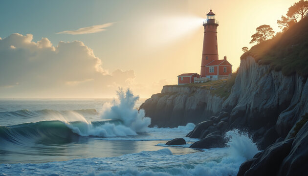 Lighthouse shining hope over turbulent ocean waves at sunset  