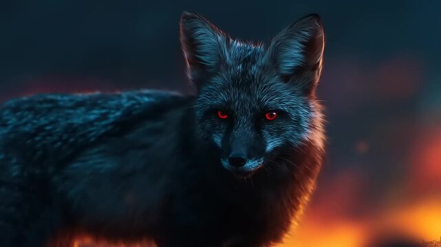 Dark fox in dramatic lighting with fiery background
