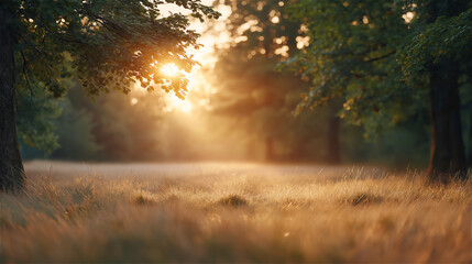 Fototapeta premium Sunlight filtering through trees onto golden grass field, symbolizing peace, nature and serene morning landscape.