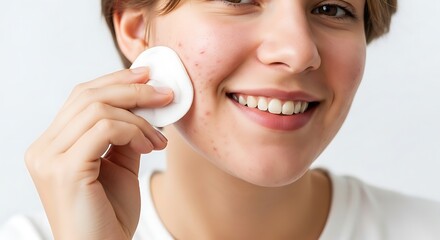Close-up of a smiling woman cleaning her face with a cotton pad, focusing on skincare and acne treatment.
