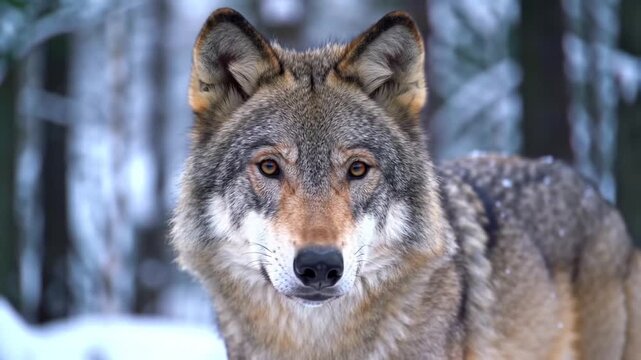 Close-up of a wolf's face in the snowy woods, showcasing detailed fur, intense amber eyes, and a focused gaze
