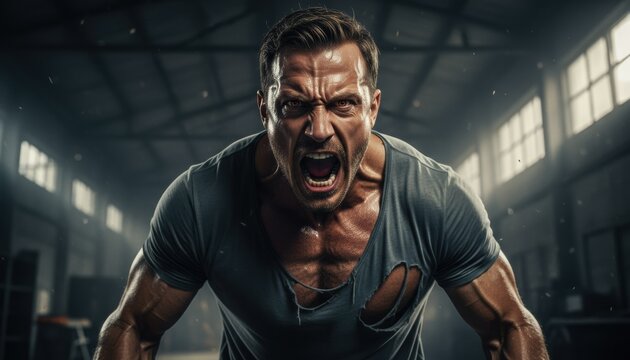 Powerful athletic man shouting in gym expressing strength determination and emotion through intense fitness moment in dramatic cinematic lighting with sweat and raw energy