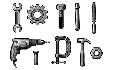 Fototapeta premium Vintage engraving style hand tools collection on white background