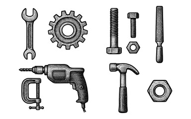 Obraz premium Vintage engraved tools and hardware set featuring drill, hammer, and wrench