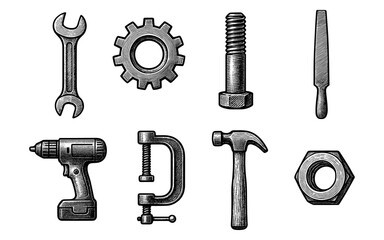 Fototapeta premium Vintage hand-drawn tool set featuring classic hardware and construction elements
