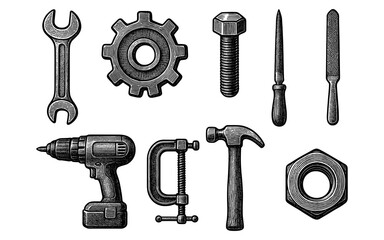 Fototapeta premium Vintage engraving style tool set featuring hammer, wrench, gear, and drill