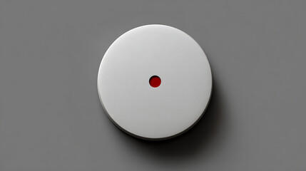 White, round surface with a red dot in the middle, top view, flat lay, on a grey background, high-resolution photography