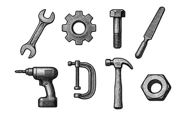 Fototapeta premium Hand-drawn vintage tool set with wrench, hammer, drill, and more for diy and workshop projects