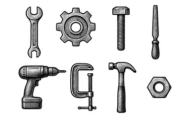 Fototapeta premium Vintage engraved tools collection: hammer, drill, bolt, gear, and more in retro style