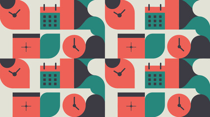 Dynamic pattern of clocks and calendars in vibrant retro colors, perfect for business and time management themes