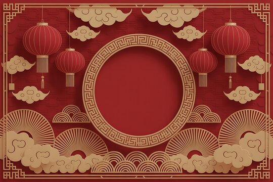 Chinese New Year Circular Frame Background with Intricate Geometric Border, Red Lanterns and Golden Clouds
