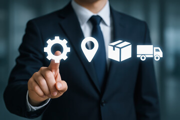Professional business person using digital icons for process location package and delivery in a modern logistics concept showcasing management and optimization