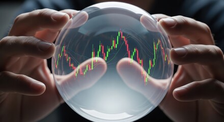 Forecasting trend through data visualization inside a crystal ball showing financial chart with rising and falling candlesticks hands framing the view dark background analytical