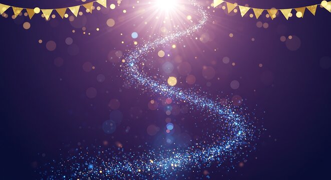 A magical, sparkling blue light trail winds upwards towards a bright star on a purple background with festive golden bunting