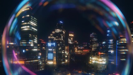 AI bubble neon city reflection concept evoke futuristic technology and urban glow shimmering orb with glowing letters and layered skyscraper reflections creating calm mood - Powered by Adobe