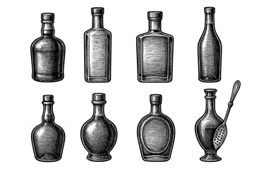 Vintage glass bottles collection with textured engraving style