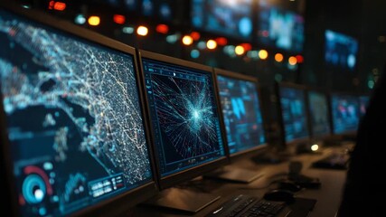 Ultra HD Advanced technology control center with multiple monitors displaying realtime data and complex visualizations, emphasizing cybersecurity monitoring and threat analysis video - Powered by Adobe