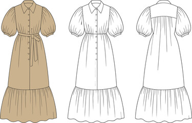 Puff sleeve tiered dress flat sketch, cad drawing, vector illustration, scalloped hem garment design, fashion template, front and back view