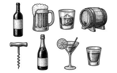 Vintage beverage set featuring wine, beer, and cocktails in detailed engraving style