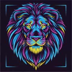 Vibrant neon lion head artwork with glowing mane against dark background design