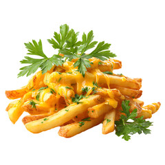 Tempting Cheese Fries with Fresh Parsley Garnish Isolated on White Background