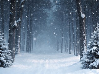 Peaceful wintry forest with falling snow, frosted branches, and cold quiet nature.