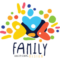 Abstract colorful shapes forming family emblem with text FAMILY ORIGINAL DESIGN on transparent background clean design