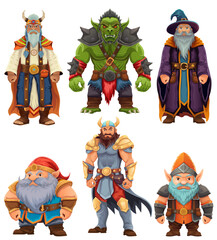 ancient fantasy characters for computer games: sorcerer, witcher, dwarf, elf, goblin, shaman, warrior cartoon stock vector illustration isolated on white background