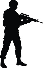 Silhouette, soldier, rifle, helmet, tactical, gear, backpack, combat, military, armed, defense, scoped, weapon, war, army, alert, stance, security, battlefield, infantry