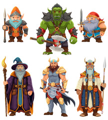 ancient fantasy characters for computer games: sorcerer, witcher, dwarf, elf, goblin, shaman, warrior cartoon stock vector illustration isolated on white background