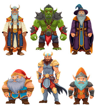 ancient fantasy characters for computer games: sorcerer, witcher, dwarf, elf, goblin, shaman, warrior cartoon stock vector illustration isolated on white background