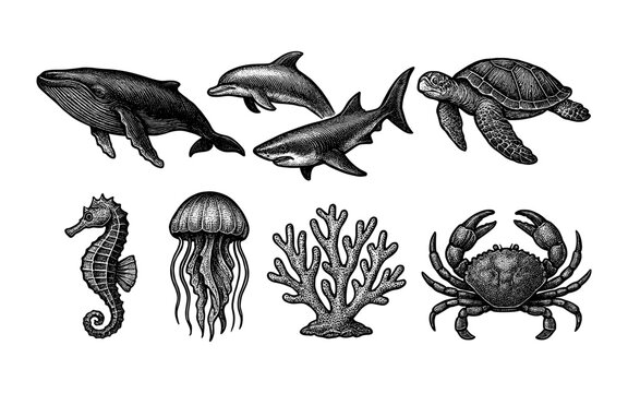 Intricate marine life: detailed ocean creatures in hand-drawn style