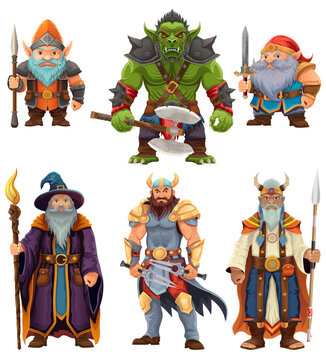 ancient fantasy characters for computer games: sorcerer, witcher, dwarf, elf, goblin, shaman, warrior cartoon stock vector illustration isolated on white background