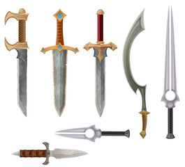 detailed vector illustration showing a variety of fantasy and ancient weapons and shields the image features swords, axes, hammers, spears, and torches