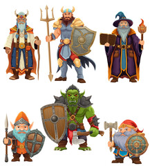 ancient fantasy characters for computer games: sorcerer, witcher, dwarf, elf, goblin, shaman, warrior cartoon stock vector illustration isolated on white background