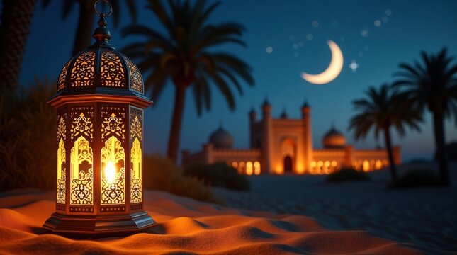 Ornate ramadan lantern glows on desert sand with mosque and crescent moon