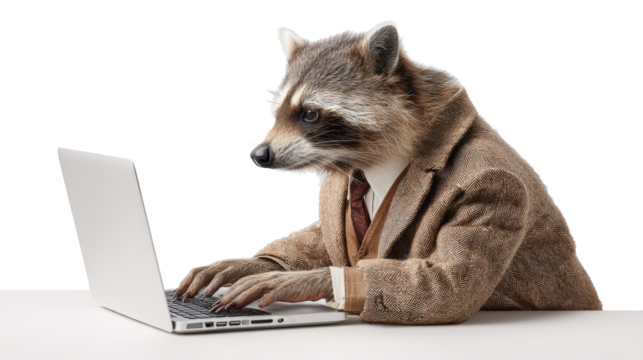 Raccoon in Suit Using Laptop on Transparent Background - Powered by Adobe