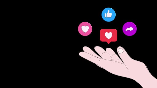 Animated of Social network concept: 3D icons (Like, Share, Comment) floating above a hand. Perfect for themes of digital communication, online engagement, virality, and marketing.