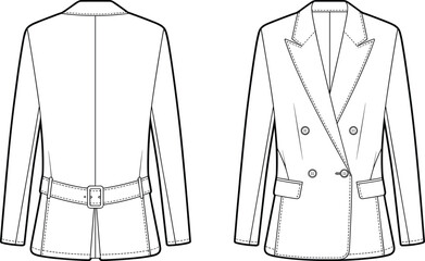 Women’s blazer flat sketch, cad drawing, vector illustration, double breasted jacket design, fashion garment template, front and back viewPrint